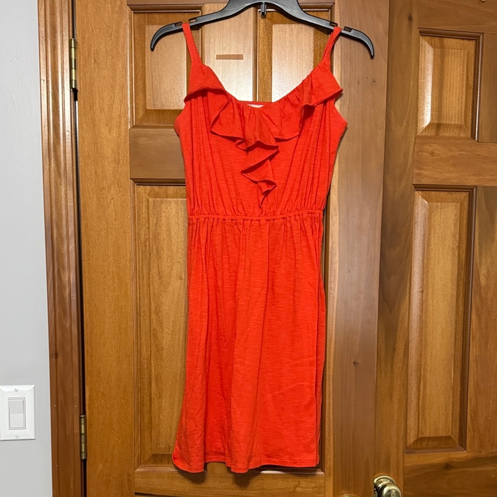 LOFT Vibrant Red/Orange Midlength Ruffle Dress Small Petite